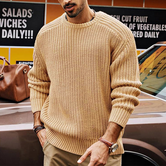 Men's Solid Color Long Sleeve Round Neck Fashion Sweater Loose Retro Sweater - Tiff's Treasures