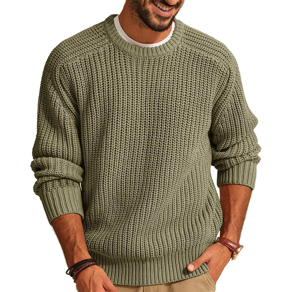 Men's Solid Color Long Sleeve Round Neck Fashion Sweater Loose Retro Sweater - Tiff's Treasures