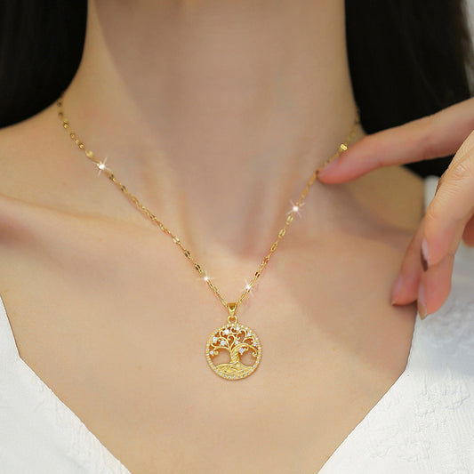 Gold-plated Micro-inlaid Full Rhinestone Zircon Lucky Tree Light Luxury Cross-border Necklace - Tiff's Treasures