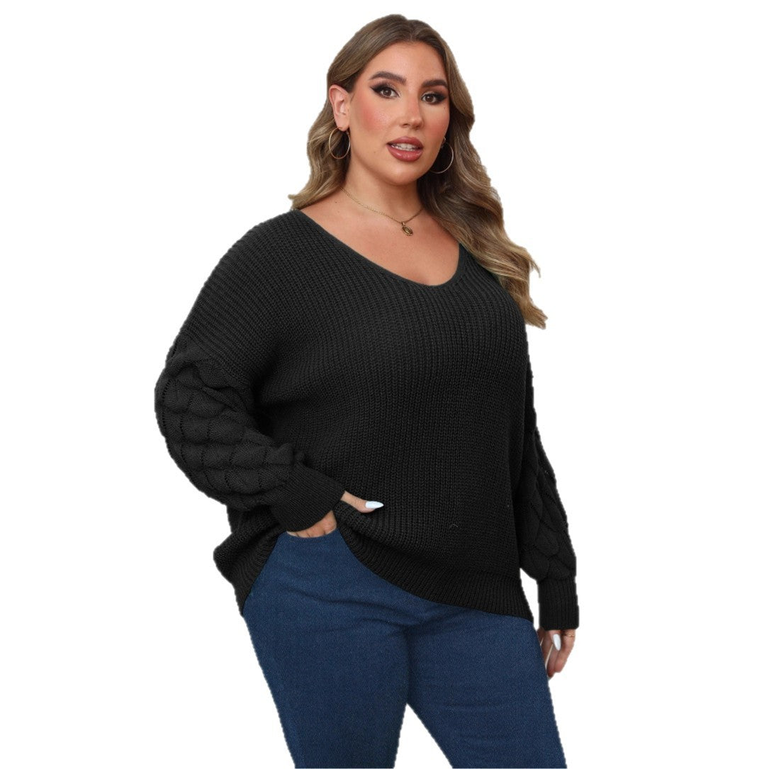 Plus Size Women's Pineapple Sleeve Stitching Deep V Woven Leisure Pullover Sweater - Tiff's Treasures