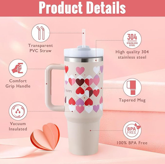 40 Oz Tumbler With Handle Straw Insulated, Stainless Steel Spill Proof Vacuum Coffee Cup Tumbler With Lid Tapered Mug Gifts For Valentine Lover Suitable For Car Gym Office Travel - Tiff's Treasures
